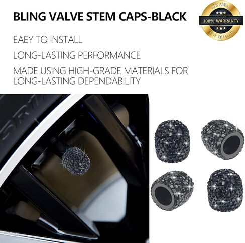 Sikawai Bling Valve Stem Caps Black Sparkling Handmade Crystal Rhinestone Universal Car Tire Valve Caps Chrome,Attractive Dustproof Bling Car/Bike/Motorcycle Accessories - Black in Kuwait
