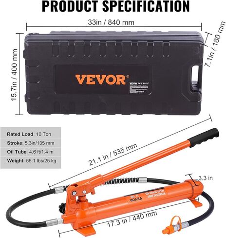 طقم طاقة بورتا 10 طن من فيفور، رام هيدروليكي مع مضخة، 4.6 قدم/1.4 متر خرطوم زيت سيارة جاك رام، أداة إصلاح إطار الجسم التلقائي مع حقيبة تخزين للسيارات، المرآب، المعدات الثقيلة، ميكانيكي (22046 رطل) in Kuwait