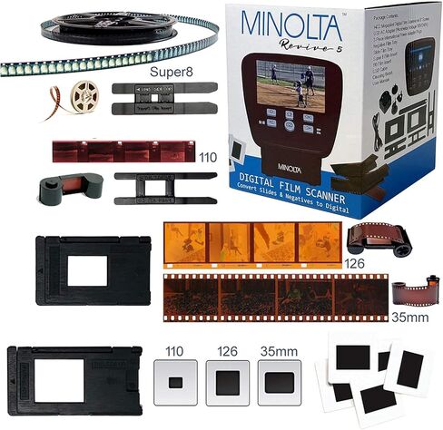 ماسح ضوئي للأفلام والشرائح من مينولتا، شاشة كبيرة 5 بوصات، تحويل الألوان والأبيض والأسود 35 مم، 126، 110 سلبي وشرائح، أفلام سوبر 8 إلى صور رقمية JPEG عالية الدقة بدقة 22 ميجابكسل، بطاقة SD سعة 16 جيجابايت، محول تيار متردد عالمي (أحمر) in Kuwait