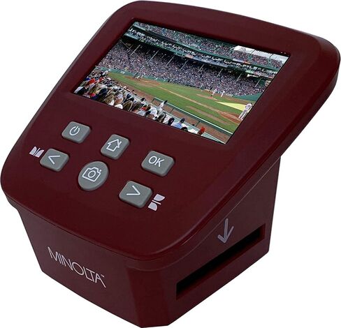 ماسح ضوئي للأفلام والشرائح من مينولتا، شاشة كبيرة 5 بوصات، تحويل الألوان والأبيض والأسود 35 مم، 126، 110 سلبي وشرائح، أفلام سوبر 8 إلى صور رقمية JPEG عالية الدقة بدقة 22 ميجابكسل، بطاقة SD سعة 16 جيجابايت، محول تيار متردد عالمي (أحمر) in Kuwait