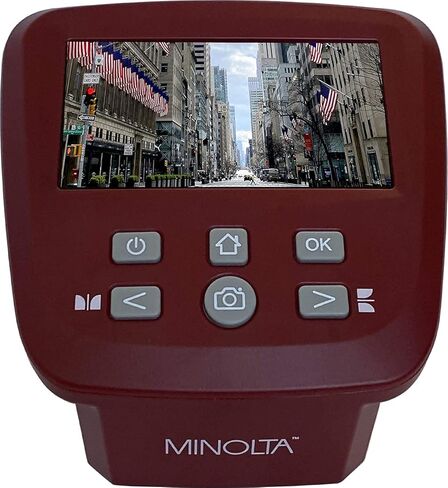 ماسح ضوئي للأفلام والشرائح من مينولتا، شاشة كبيرة 5 بوصات، تحويل الألوان والأبيض والأسود 35 مم، 126، 110 سلبي وشرائح، أفلام سوبر 8 إلى صور رقمية JPEG عالية الدقة بدقة 22 ميجابكسل، بطاقة SD سعة 16 جيجابايت، محول تيار متردد عالمي (أحمر) in Kuwait