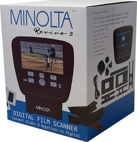 ماسح ضوئي للأفلام والشرائح من مينولتا، شاشة كبيرة 5 بوصات، تحويل الألوان والأبيض والأسود 35 مم، 126، 110 سلبي وشرائح، أفلام سوبر 8 إلى صور رقمية JPEG عالية الدقة بدقة 22 ميجابكسل، بطاقة SD سعة 16 جيجابايت، محول تيار متردد عالمي (أحمر) in Kuwait