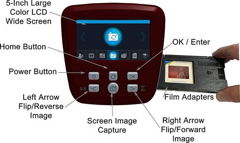 ماسح ضوئي للأفلام والشرائح من مينولتا، شاشة كبيرة 5 بوصات، تحويل الألوان والأبيض والأسود 35 مم، 126، 110 سلبي وشرائح، أفلام سوبر 8 إلى صور رقمية JPEG عالية الدقة بدقة 22 ميجابكسل، بطاقة SD سعة 16 جيجابايت، محول تيار متردد عالمي (أحمر) in Kuwait