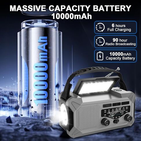 10000mAh Emergency Weather Radio with Solar Charging, Hand Crank Radio Solar Radio Portable Radio AM/FM/NOAA Radio LED Flashlight Reading Lamp Compass Phone Charger SOS Alarm for Outdoor Camping in Saudi Arabia