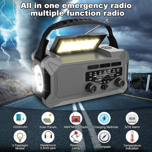 10000mAh Emergency Weather Radio with Solar Charging, Hand Crank Radio Solar Radio Portable Radio AM/FM/NOAA Radio LED Flashlight Reading Lamp Compass Phone Charger SOS Alarm for Outdoor Camping in Saudi Arabia