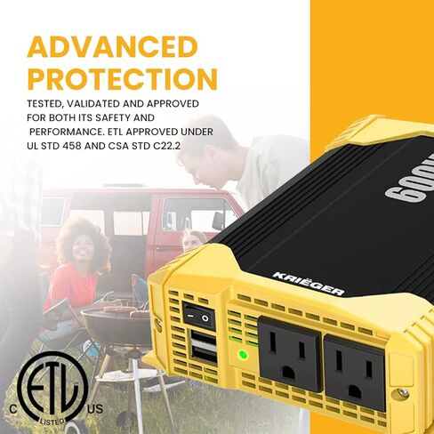 Krieger 1100 Watt 12V Power Inverter Dual 110V AC Outlets, Installation Kit Included, Automotive Back Up Power Supply For Blenders, Vacuums, Power Tools - ETL Approved Under UL STD 458 in Kuwait