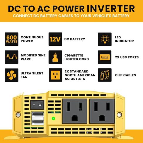 Krieger 1100 Watt 12V Power Inverter Dual 110V AC Outlets, Installation Kit Included, Automotive Back Up Power Supply For Blenders, Vacuums, Power Tools - ETL Approved Under UL STD 458 in Kuwait