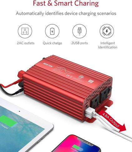BESTEK 300Watt Pure Sine Wave Power Inverter - DC 12V إلى AC 110V محول محول قابس السيارة، محول الطاقة مع 4.8A منافذ شحن USB مزدوجة و2 منافذ تيار متردد لشاحن السيارة in Saudi Arabia
