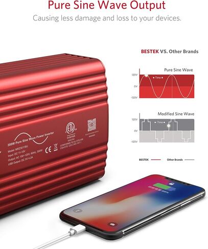 BESTEK 300Watt Pure Sine Wave Power Inverter - DC 12V إلى AC 110V محول محول قابس السيارة، محول الطاقة مع 4.8A منافذ شحن USB مزدوجة و2 منافذ تيار متردد لشاحن السيارة in Saudi Arabia
