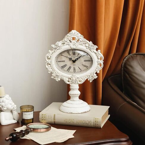 NIKKY HOME French Mantel Clock Silent Non-Ticking, Shelf Desk Top Wood Table Clock Battery Operated Vintage Rustic Design, Chic Home Decor for Desktop, Countertop, Distressed White in Saudi Arabia