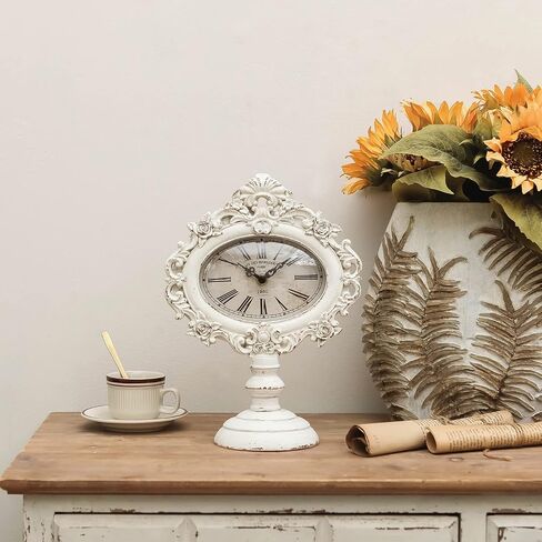 NIKKY HOME French Mantel Clock Silent Non-Ticking, Shelf Desk Top Wood Table Clock Battery Operated Vintage Rustic Design, Chic Home Decor for Desktop, Countertop, Distressed White in Saudi Arabia