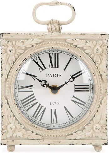 NIKKY HOME Small Table Clock with Handle, Silent Non-Ticking Shelf Desk Top Clock Battery Operated Vintage Rustic Design, Chic Home Decor for Fireplace Mantel, Desktop, Countertop, Distressed White in Saudi Arabia