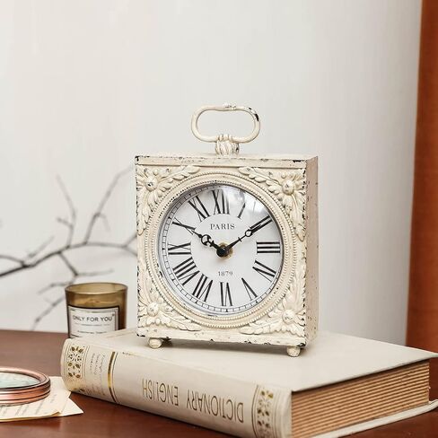NIKKY HOME Small Table Clock with Handle, Silent Non-Ticking Shelf Desk Top Clock Battery Operated Vintage Rustic Design, Chic Home Decor for Fireplace Mantel, Desktop, Countertop, Distressed White in Saudi Arabia