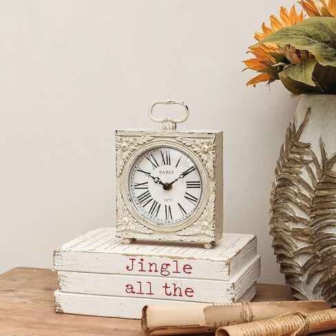 NIKKY HOME Small Table Clock with Handle, Silent Non-Ticking Shelf Desk Top Clock Battery Operated Vintage Rustic Design, Chic Home Decor for Fireplace Mantel, Desktop, Countertop, Distressed White in Saudi Arabia