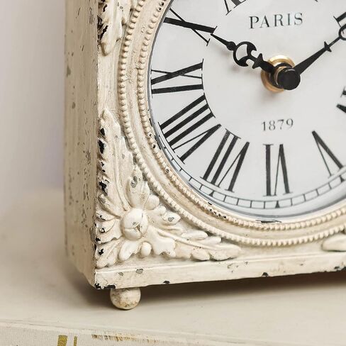 NIKKY HOME Small Table Clock with Handle, Silent Non-Ticking Shelf Desk Top Clock Battery Operated Vintage Rustic Design, Chic Home Decor for Fireplace Mantel, Desktop, Countertop, Distressed White in Saudi Arabia