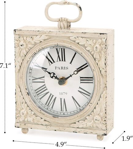 NIKKY HOME Small Table Clock with Handle, Silent Non-Ticking Shelf Desk Top Clock Battery Operated Vintage Rustic Design, Chic Home Decor for Fireplace Mantel, Desktop, Countertop, Distressed White in Saudi Arabia