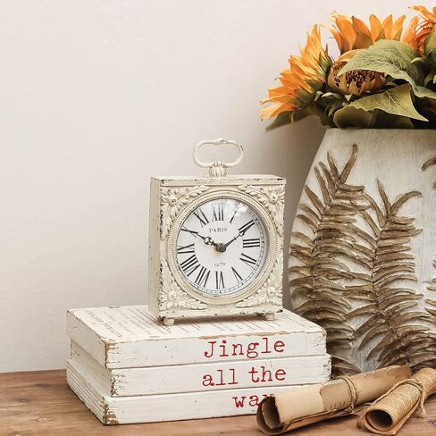 NIKKY HOME Small Table Clock with Handle, Silent Non-Ticking Shelf Desk Top Clock Battery Operated Vintage Rustic Design, Chic Home Decor for Fireplace Mantel, Desktop, Countertop, Distressed White in Saudi Arabia