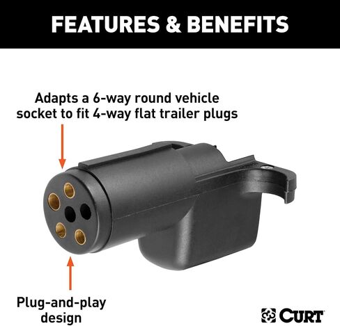 CURT 57620 6-Way Round Vehicle Side to 4-Way Flat Trailer Wiring Adapter , Black in Saudi Arabia