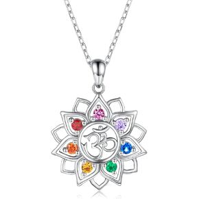 Chakra Yoga Lotus Flower Necklace 925 Sterling Silver Om Ohm Symbol Crystal Pendant Necklace Spiritual Jewelry Gift for Women