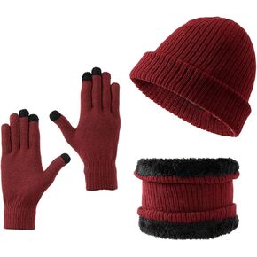 3 in 1 Unisex Beanie Hat, Neck Warmer & Glove Set with Fleece Lined, Knit Skull Cap Scarf Touch Screen Gloves Set