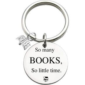 Tecreo Gift for Book Lovers, Book Club Keychain ""So many Books, So little time"" Keychain Book Worm Gift Female Librarian Gift Male Reader Author, Medium, Silver