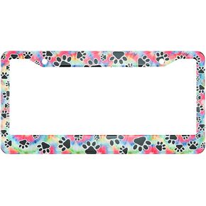 HOSNYE Paw Dog Print License Plate Frame Tie Dye Rainbow Colors Metal License Plate Cover Front Plates Frames Car Tag Frame for Women Men US Vehicles Standard