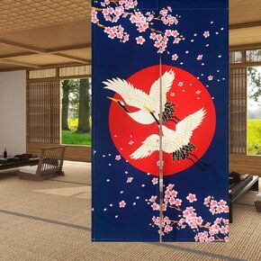 LIGICKY Noren Doorway Curtain Japanese Style White Cranes Red Sun Cherryblossom Printed Cotton Linen Window Treatment Door Tapestry for Home Decoration 33.5" Width x 59" Long