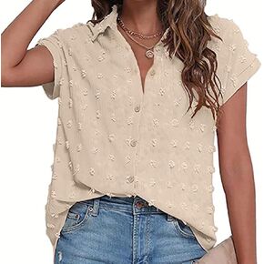 Womens Short Sleeve T-Shirt Swiss Dot Solid Color Button Down Ladies Blouses