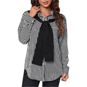 MakeMeChic Women's Striped Long Sleeve Button Down Shirt Casual Loose Fit 2 in 1 Blouses Tops