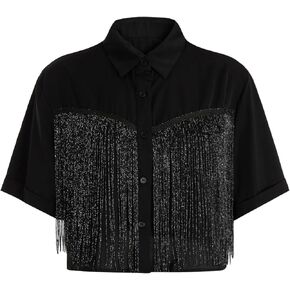 Verdusa Women's Fringe Western Tops Cowgirl Short Sleeve Button Down Shirts Blouses