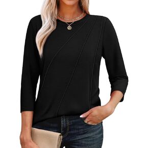 OFEEFAN 3/4 Length Sleeve Womens Tops Round Neck Blouses Dressy Casual Basic Pleated Shirts 2025