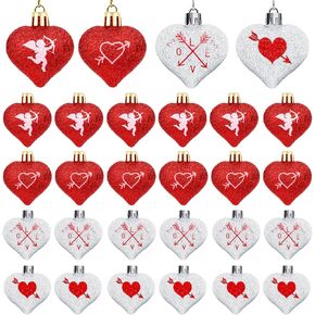 Valentines Day Decorations,24Pcs 1.5 Inch Red and Silver Valentine's Day Heart Shaped Hanging Ornaments for Tree Home Wedding Party Gifts Table Tiered Tray Christmas Valentine Decorations Supplies