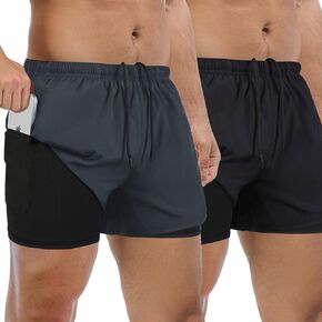 FUNARTY 2 Pack Men's 2 in 1 Running Shorts for Men, 5 Inch Inseam Gym Athletic Workout Shorts with Liner, Zip Pockets