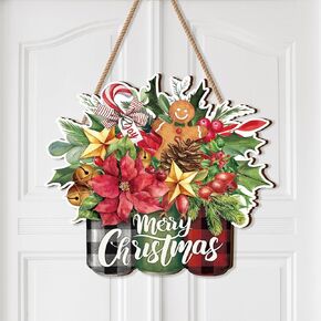 BBTO Merry Christmas Door Sign Buffalo Plaid Tree Mason Jar Sign Wood Christmas Tree Sign Decor Farmhouse Hanging Plaque for Gingerbread Man Porch Farmhouse Xmas Front Door Outdoor Home Decor