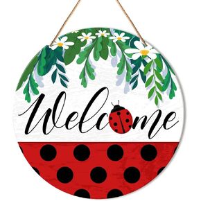 Muktoujaumai Spring Summer Welcome Sign for Front Door, Spring Summer Hanging Sign Decorations Rustic Ladybug Decor Wall Sign for Porch, Patio, Home