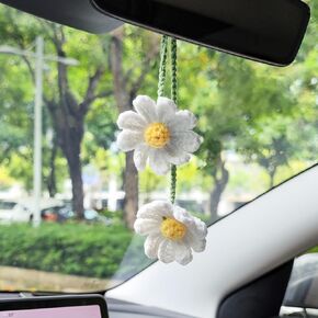 Crochet Flowers Car Accessories,Car Rear View Mirror Hanging Decoration,Car Accessories Aesthetic for Women,Daisy Car Accessories Gift,Cute Handmade Knitted Key Chains