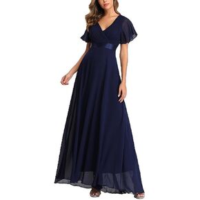 Women's Plus Size Wedding Dresses Maxi Dress Short Sleeve Chiffon Casual V Neck Bridesmaid Tie Waist Formal Dress