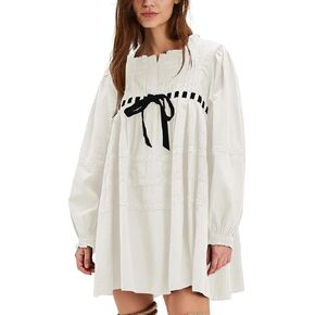 Locachy Womens 2024 Casual Cotton Dress Tie Front Square Neck Long Sleeve A Line Pleated Mini Dress