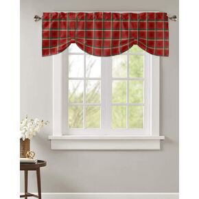 Tie Up Valance for Kitchen Windows,Christmas Red Floral Plaid Green Stripes Adjustable Valances Rod Pocket Short Curtain,Elegant Blossom Flower Tie Up Curtains Valance for Bedroom Bathroom 42x12in