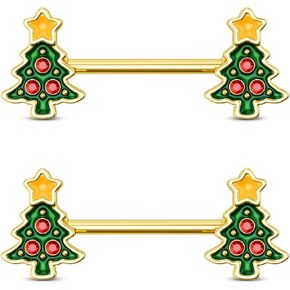 CM Crareesi Mania Christmas Nipple Rings 316L Stainless Steel Nipple Piercing Jewelry Gold Nipple Piercing Jewelry for Women 14G Christmas Tree Nipple Ring