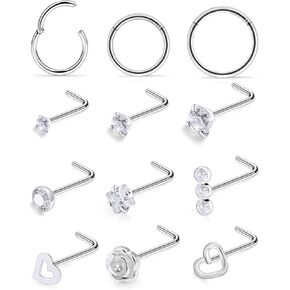 Ftovosyo 18G Nose Rings for Women Surgical Steel Nose Piercings Hypoallergenic Nose Rings Hoops Heart L-Shape Nose Studs