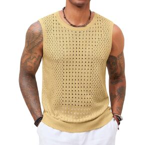 Runcati Mens Knit Sleeveless Tank Tops Casual Hollow Out T Shirts Beach Summer See Through Tops