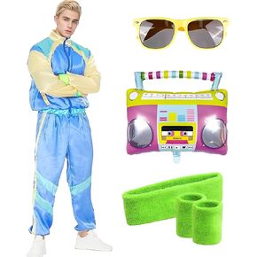 80s Tracksuit Costume for Men Women, 90s Retro Hip Hop Costumes Jacket Shell Windbreaker Disco Party Dress Mens Adult