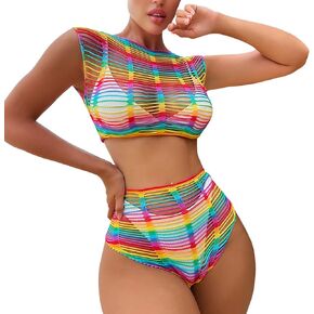QuneusHot Women Colorful Crop Top + Highwaist Pant Set Fishnet Lingerie Set Rave Dance Music Festival Outfit Rainbow03