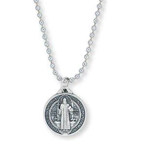 Caritas et Fides St Benedict Necklace - Spiritual Warfare Catholic Jewelry for Men and Women - Silver Round Saint Benedict Medal with 24" Adjustable Hypoallergenic Ball Chain - Made in Italy