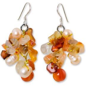 NOVICA Artisan Handmade Cultured Freshwater Pearl Carnelian Cluster Earrings Beaded .925 Sterling Silver Red Orange Dangle Thailand Celosia Birthstone 'Summer's Glow'