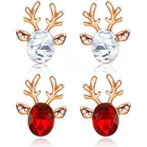 2 Pairs Christmas Stud Earrings Crystal Deer Stud Earrings Xmas Rhinestone Reindeer Earrings Antler Stud Big Crystal Gemstone Earrings for Women(Gold-White &Gold-Red)
