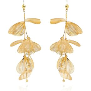 Large Long Gold Plated Flower Tassel Drop Dangle Earrings for Women Unisex Exaggerated Statement Floral Metal Boho Earrings Trendy Fashion Plant Earrings Chic Jewelry