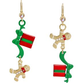 Betsey Johnson Womens Jingle Bell Bling Christmas Gingerbread & Present Mismatch Earrings