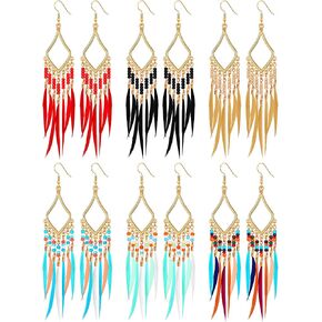 Sumind 6 Pairs Long Beaded Feather Tassel Earrings Bohemia Handmade Seed Bead Statement Fringe Drop Earrings Boho Dangle Beaded Tassel Earrings for Women(Elegant Style)